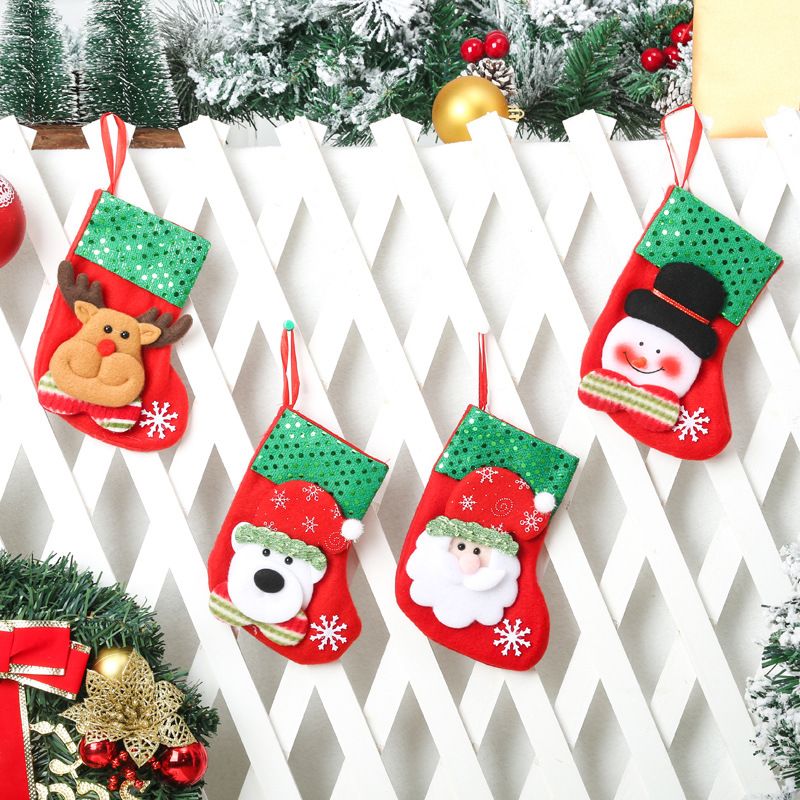 Christmas Stockings (Set of 4) - Includes Snowman, Polar Bear, Santa Claus, and Reindeer, Red & Green, with Snowflake Accents
