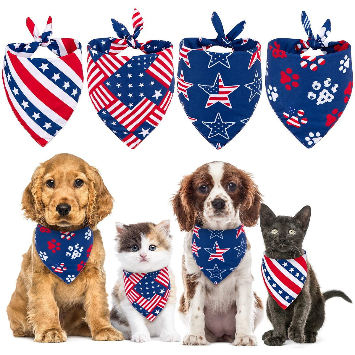 4th of July Dog Bandanas 4 Pack Patriotic Stars and Stripes Triangle Bibs Red Blue American Flag Pet Scarf Washable Pet Neckerchie