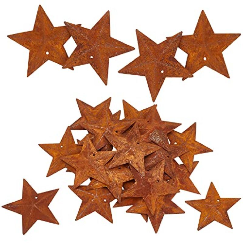 30PCS 1.77" Metal Rusty Barn Stars Primitives Tin Steel Stars with Holes Original Vintage Antique Western Pendants Retro Accent