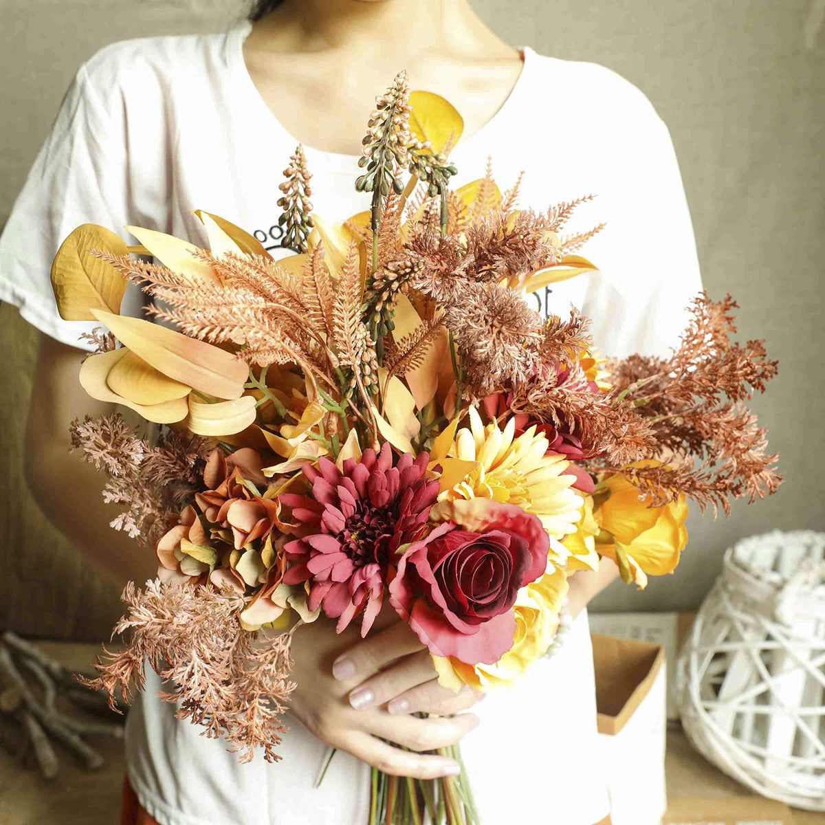 2pcs Boho Style Artificial Flower Bouquets,17 Inch Bohemian Style Fall Flower Wedding Bouquets for Bridal Bridesmaid