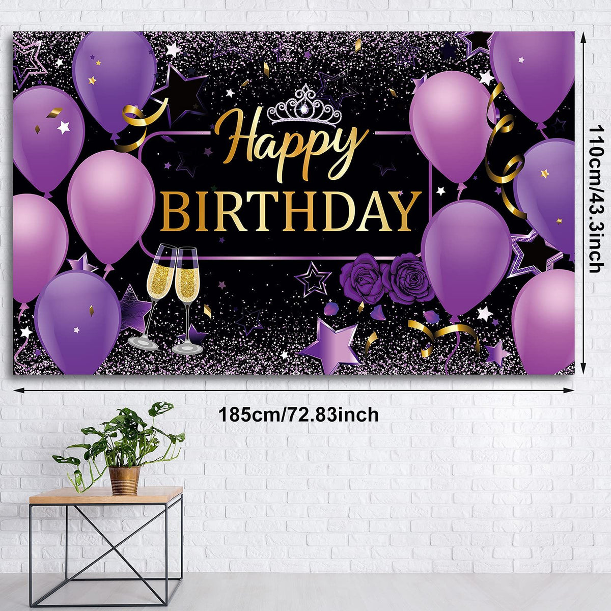Happy Birthday Backdrop, Purple with Rose, Polyester, 72.8 x 43.3 Inch,for Birthday Party Decorations