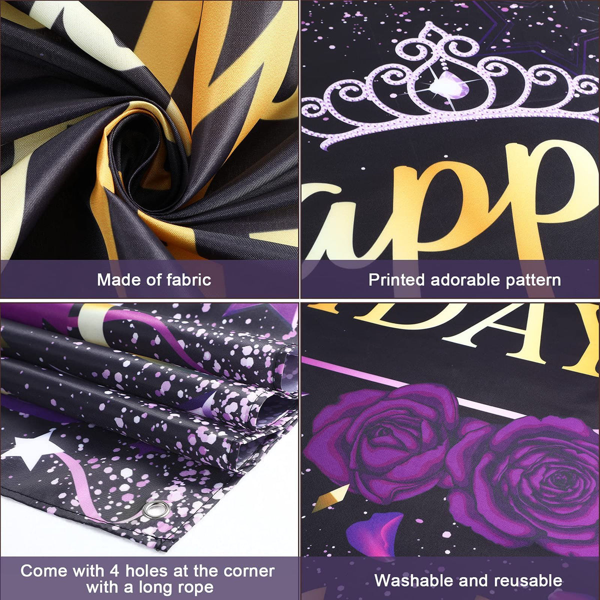 Happy Birthday Backdrop, Purple with Rose, Polyester, 72.8 x 43.3 Inch,for Birthday Party Decorations