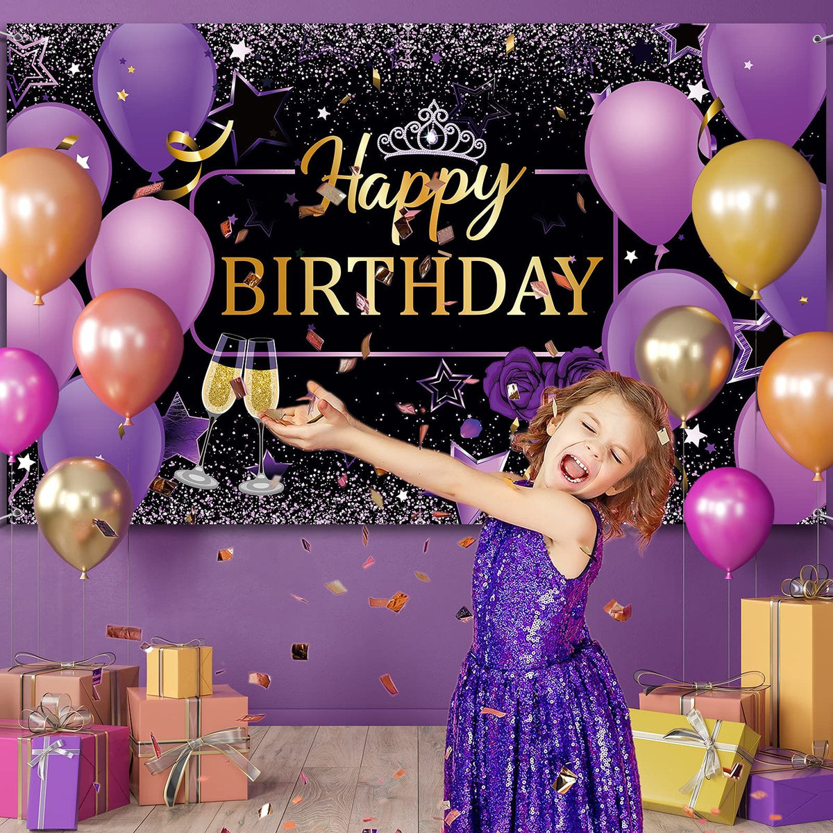 Happy Birthday Backdrop, Purple with Rose, Polyester, 72.8 x 43.3 Inch,for Birthday Party Decorations