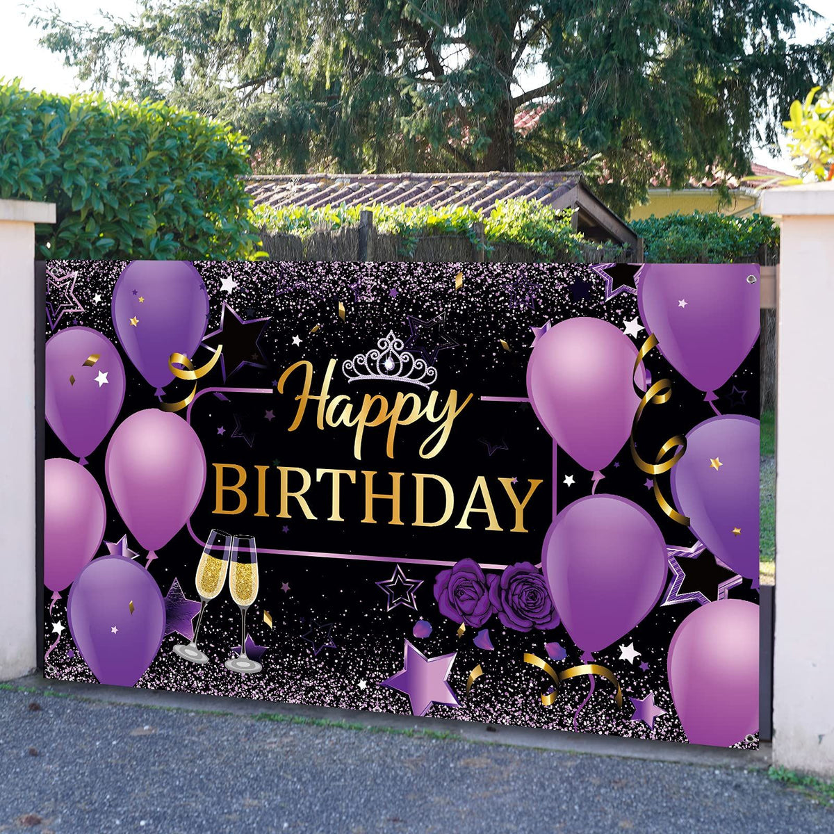 Happy Birthday Backdrop, Purple with Rose, Polyester, 72.8 x 43.3 Inch,for Birthday Party Decorations