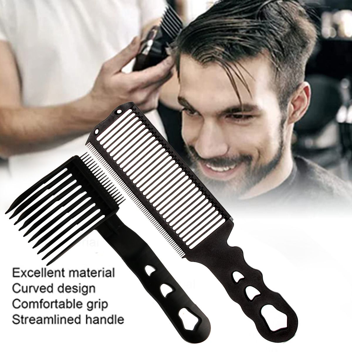 2 Pcs Fade Combs, Professional Hair Cutting Comb Heat Resistant Flat Top Comb Curved Positioning Flat Top Comb, Black