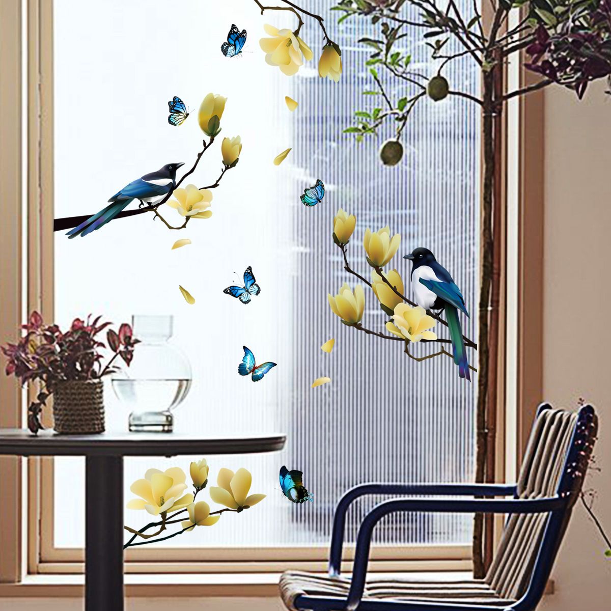 Magnolia Blossom Tree Window Sticker Tree and Birds Window Decals Glass Sticker Autumn Window Clings Adhesive Free