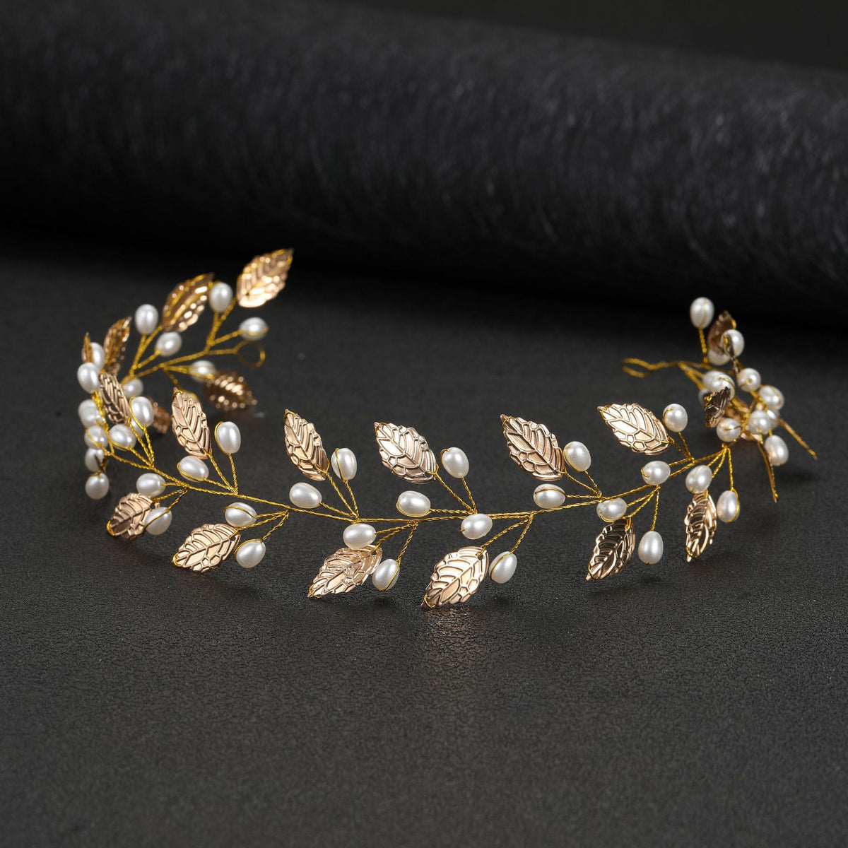 Wedding Leaf Hair Bridal Pearl Headpiece Headbands Gold Hair Accessories for Brides and Bridesmaids(15.75inches) (Gold)
