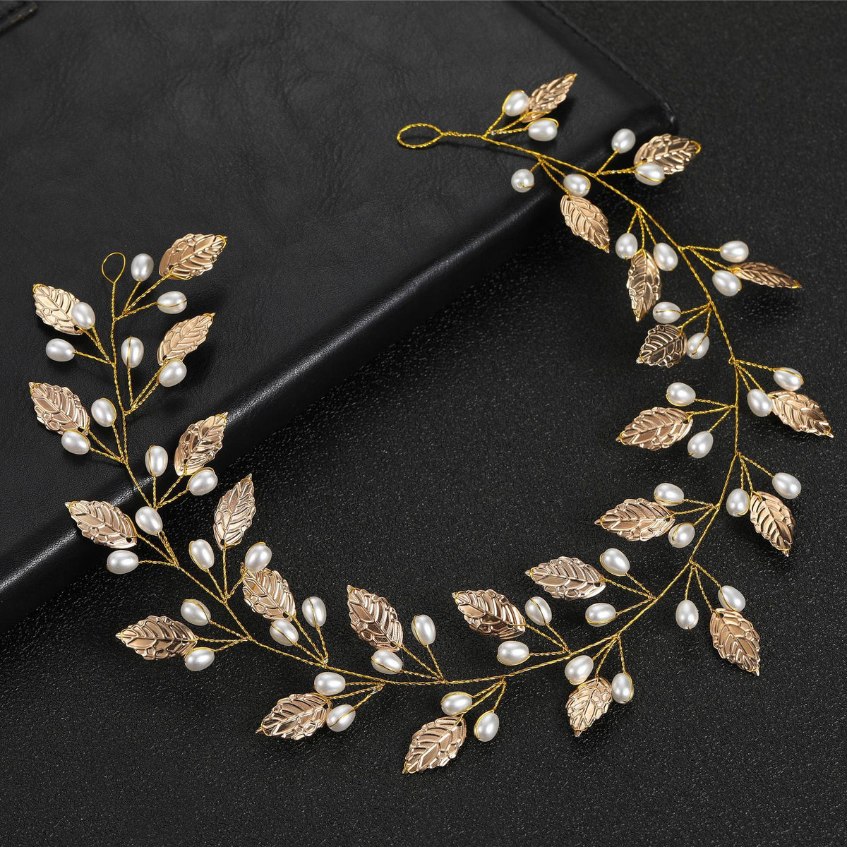 Wedding Leaf Hair Bridal Pearl Headpiece Headbands Gold Hair Accessories for Brides and Bridesmaids(15.75inches) (Gold)