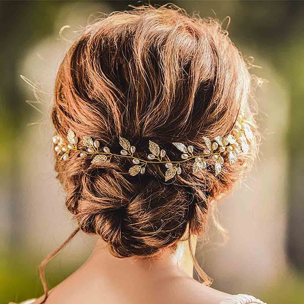 Wedding Leaf Hair Bridal Pearl Headpiece Headbands Gold Hair Accessories for Brides and Bridesmaids(15.75inches) (Gold)