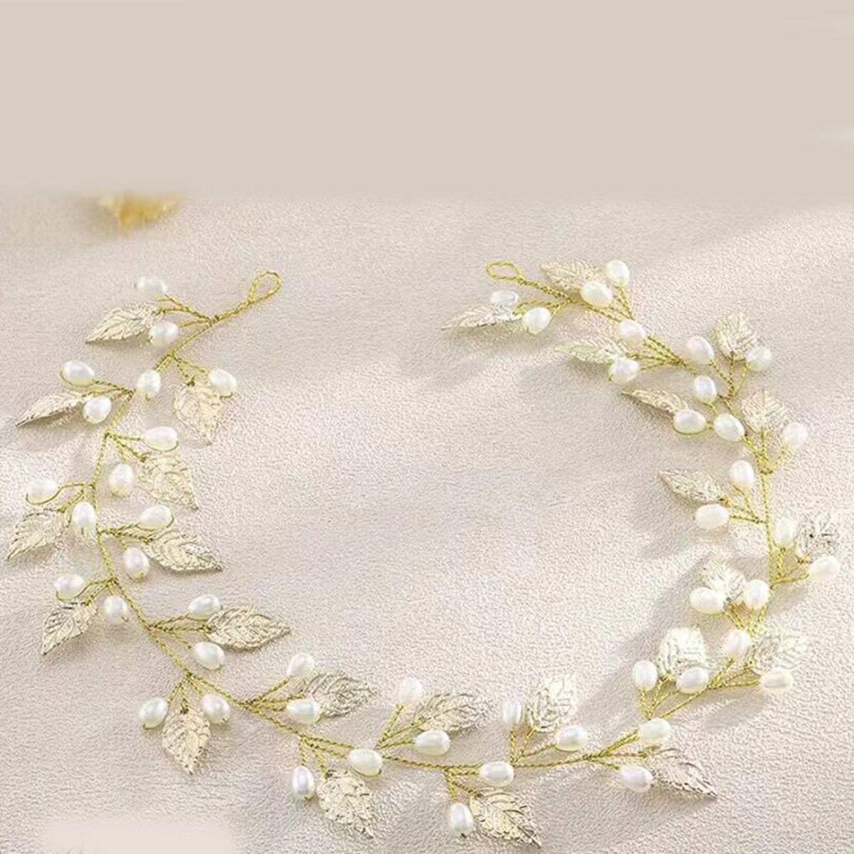 Wedding Leaf Hair Bridal Pearl Headpiece Headbands Gold Hair Accessories for Brides and Bridesmaids(15.75inches) (Gold)