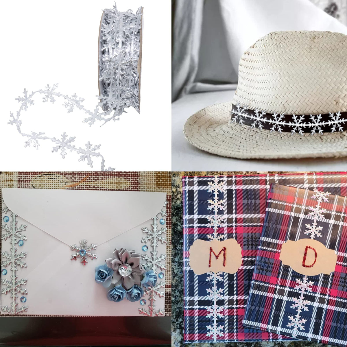 1 Roll of Sparkly Polyester Snowflake Ribbon Trim Embellishment, Snowflake Decoration Ribbons, Embossed Ribbon