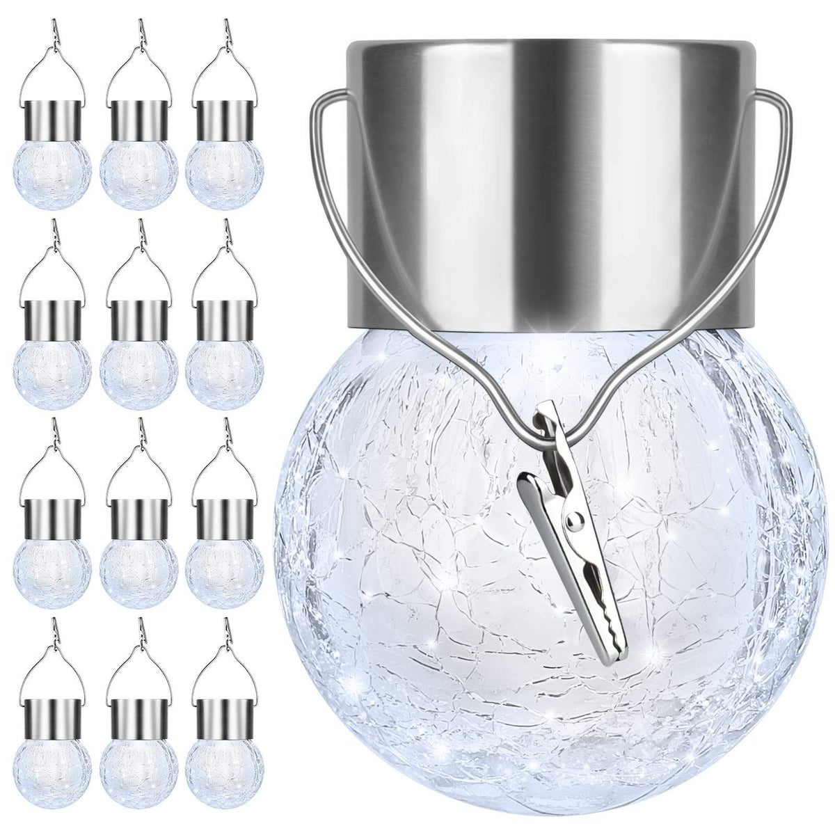 12Pack Outdoor Hanging Solar Lights - Solar Powered Glass Ball Lights Waterproof Tree Hanging Outdoor Globe Lights, Daylight White