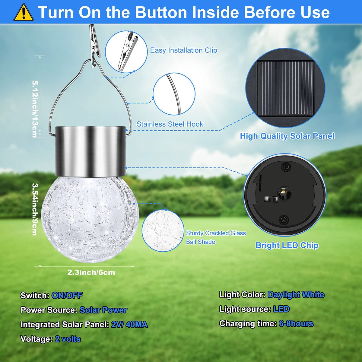 12Pack Outdoor Hanging Solar Lights - Solar Powered Glass Ball Lights Waterproof Tree Hanging Outdoor Globe Lights, Daylight White