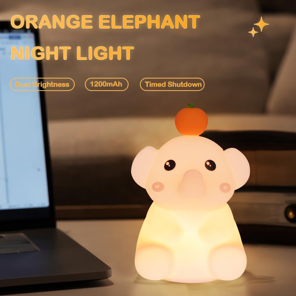 Cute Elephant Night Light for Kids, Novelty Animal Timed LED Nightlights, USB Rechargeable 2 Level Dimmable Nursery Sleeping Lamp