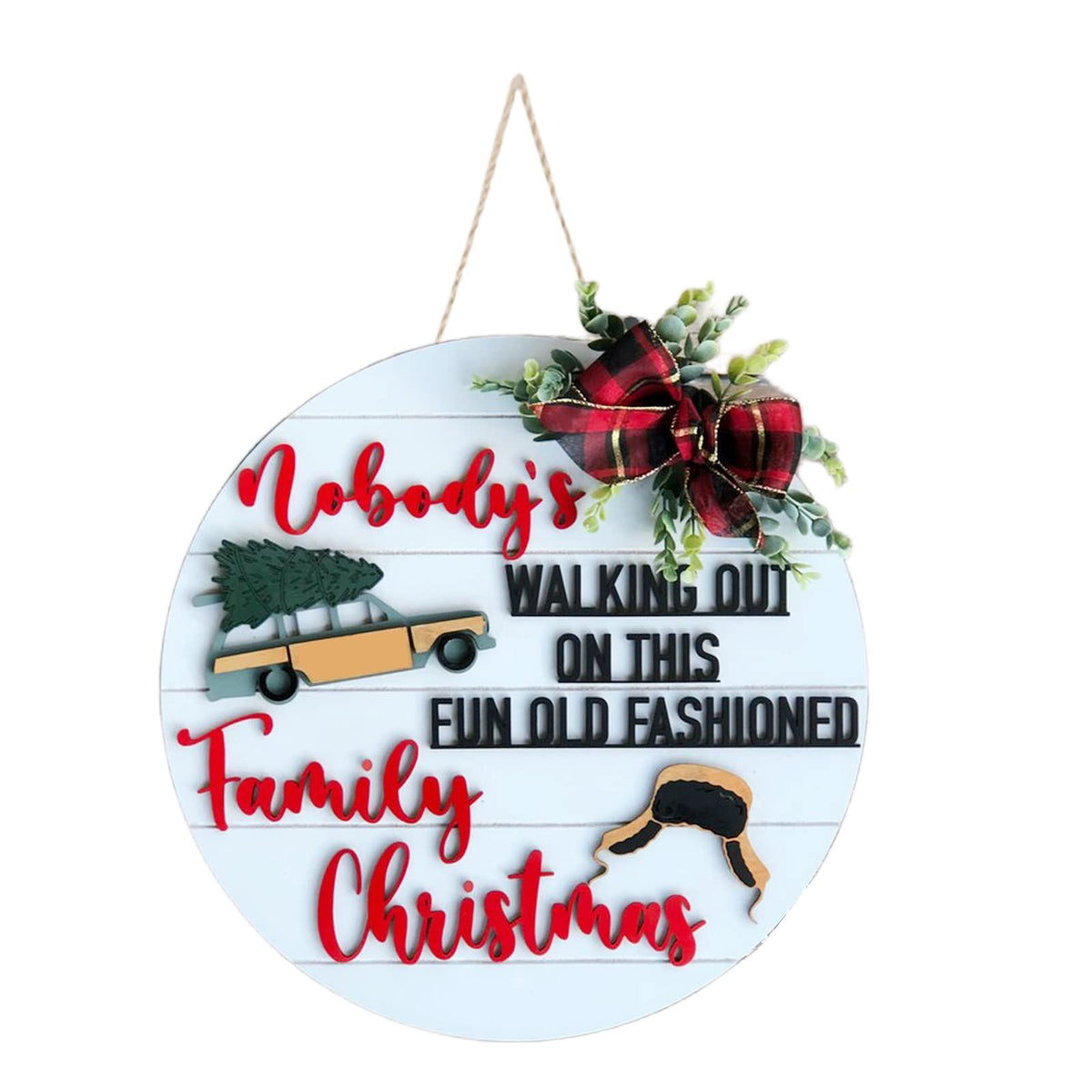 Christmas Welcome Sign Front Door Decoration, Christmas Holiday Decor, Xmas Vacation Round Wood Wreaths Wall Hanging Outdoor