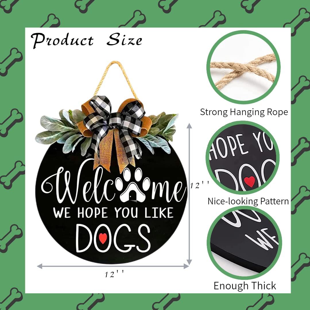 Welcome Wreath Sign for Farmhouse Front Porch Decor - We Hope You Like Dogs - Door Hanging with Premium Greenery - (12IN Dog)