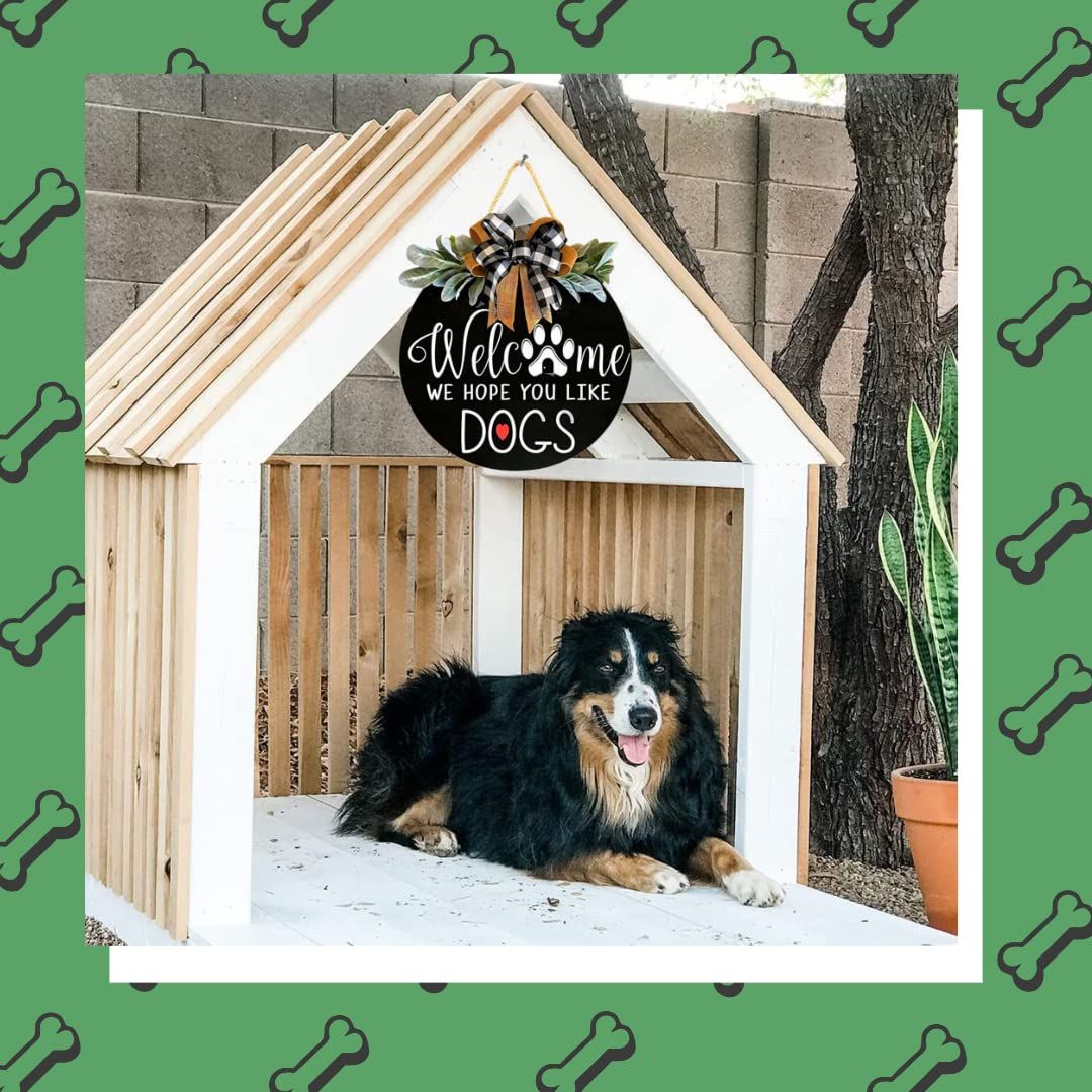 Welcome Wreath Sign for Farmhouse Front Porch Decor - We Hope You Like Dogs - Door Hanging with Premium Greenery - (12IN Dog)