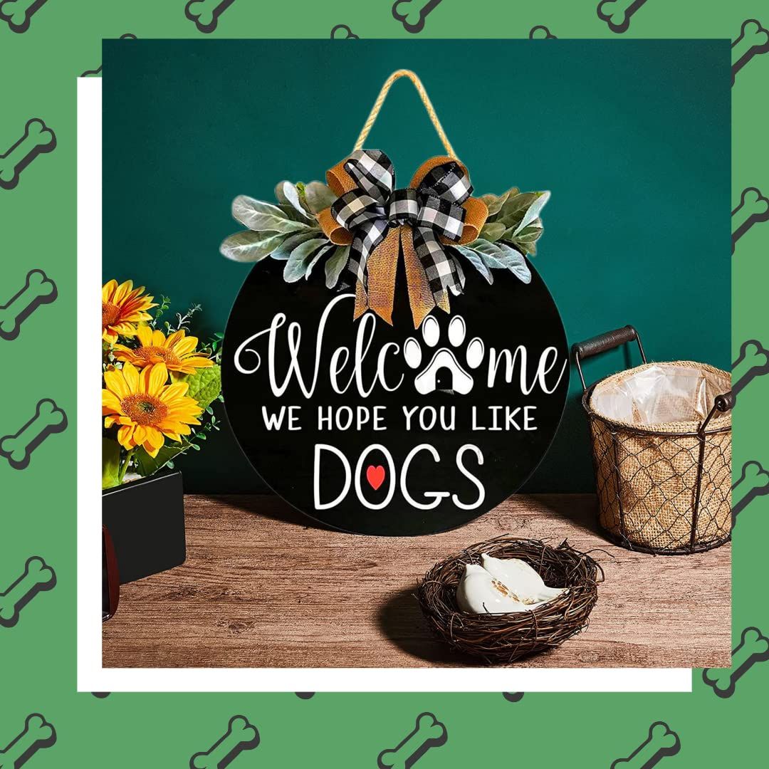 Welcome Wreath Sign for Farmhouse Front Porch Decor - We Hope You Like Dogs - Door Hanging with Premium Greenery - (12IN Dog)