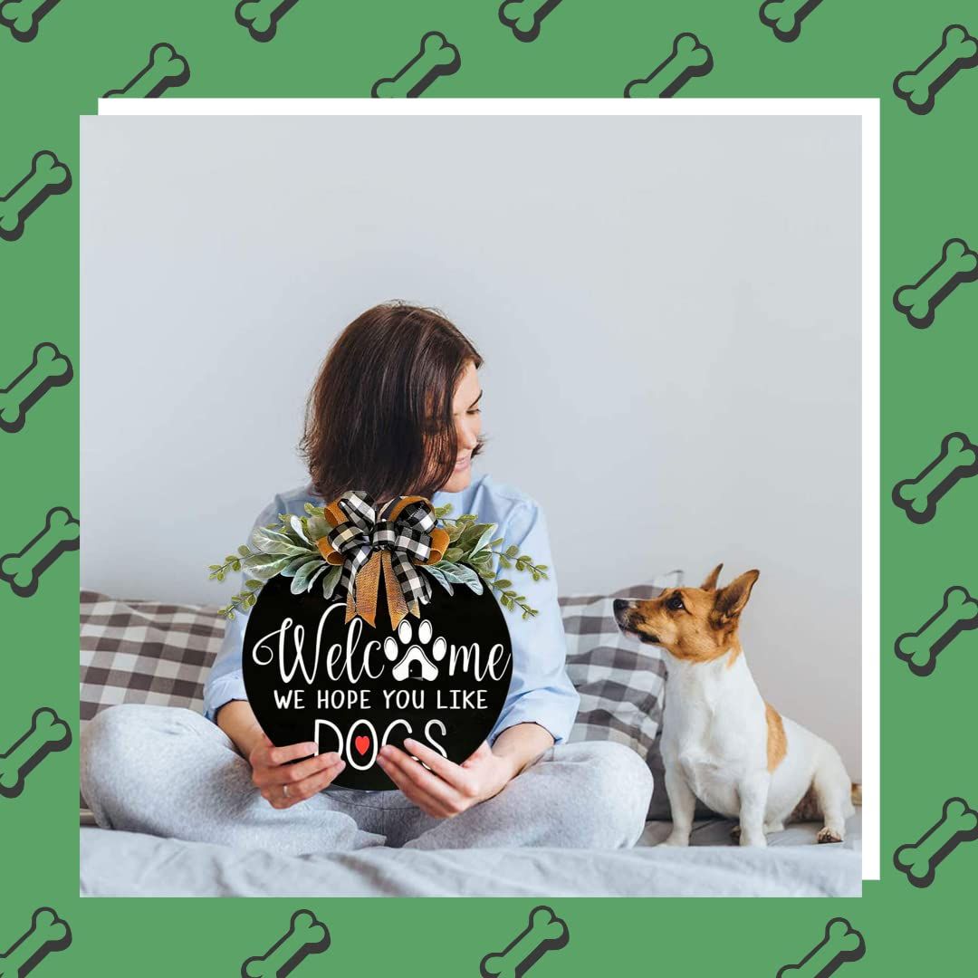 Welcome Wreath Sign for Farmhouse Front Porch Decor - We Hope You Like Dogs - Door Hanging with Premium Greenery - (12IN Dog)