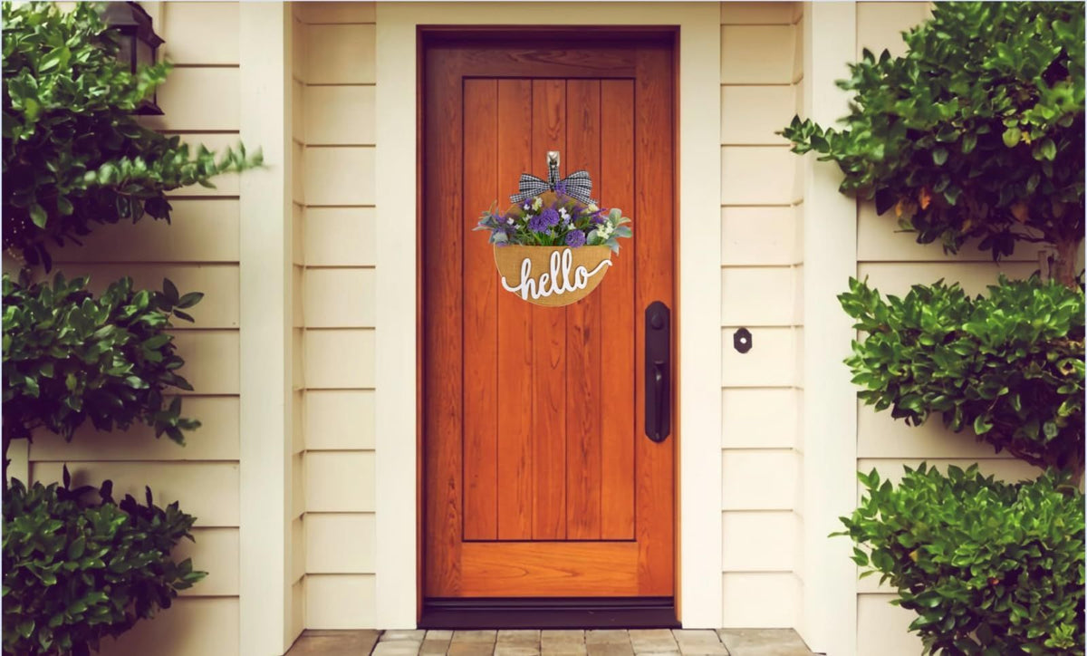 Artificial Flower Pocket Wreath with Hello Sign,12 Inch Spring Wreaths for Front Door Indoor Outdoor Wall Window (Purple Lavender)