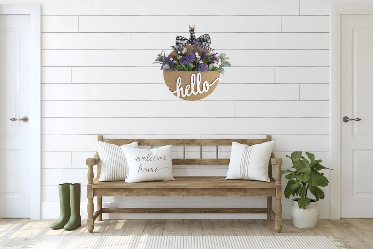 Artificial Flower Pocket Wreath with Hello Sign,12 Inch Spring Wreaths for Front Door Indoor Outdoor Wall Window (Purple Lavender)