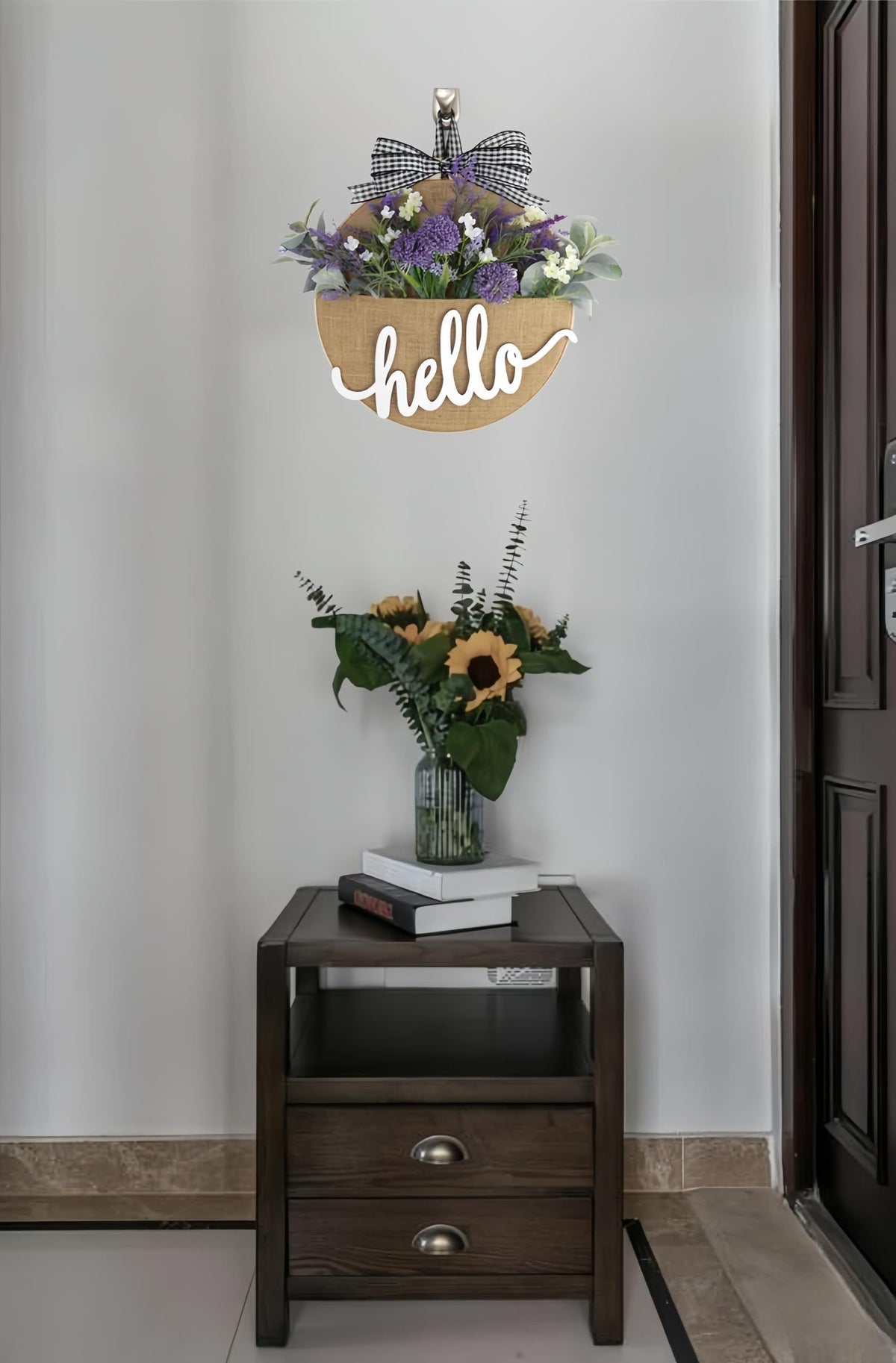 Artificial Flower Pocket Wreath with Hello Sign,12 Inch Spring Wreaths for Front Door Indoor Outdoor Wall Window (Purple Lavender)