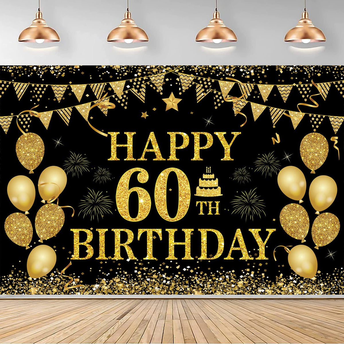 Happy 60th Birthday Banner Party decorations Cheers to 60 Years Birthday Party Black Gold Backdrop for 60th (71 x 45 inch)