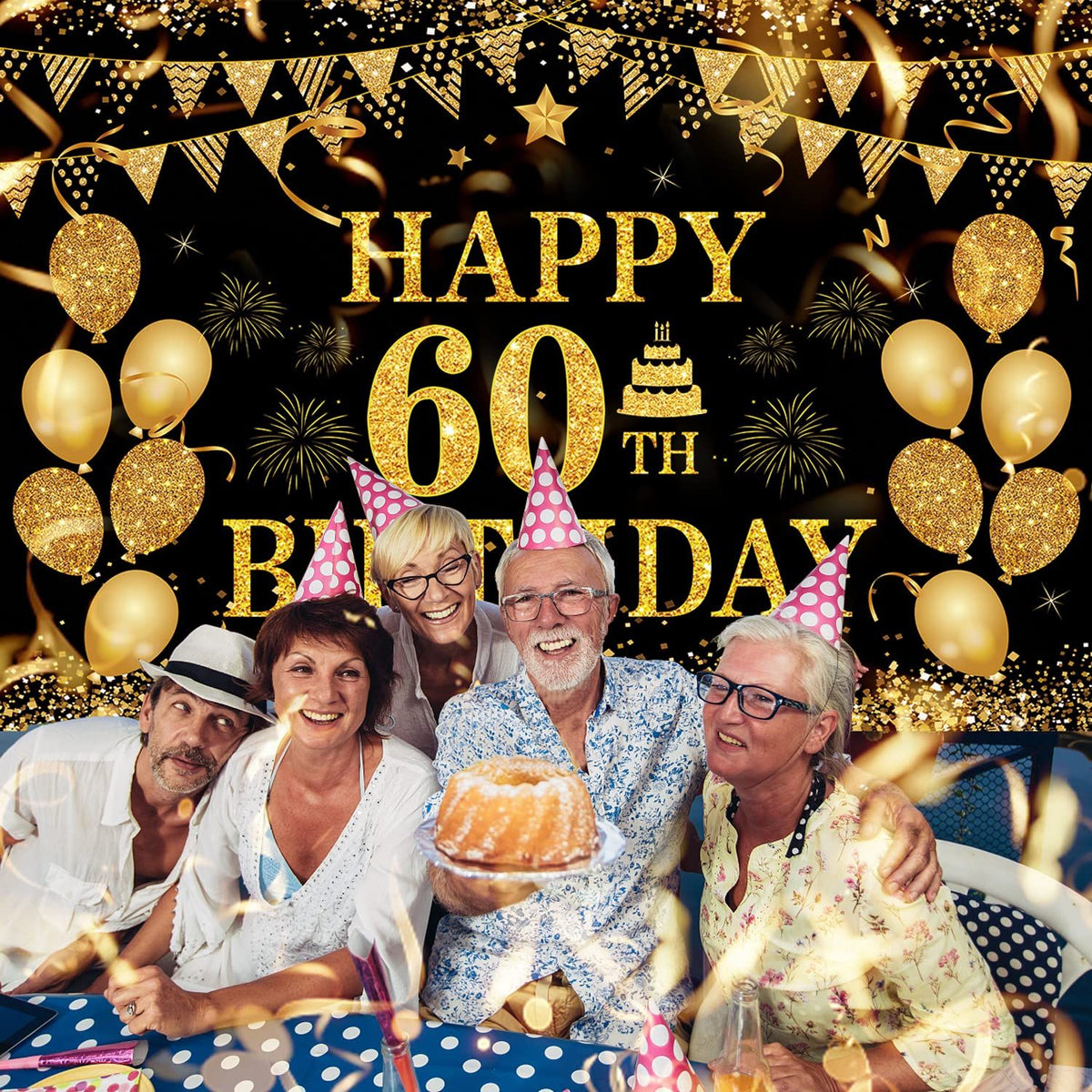 Happy 60th Birthday Banner Party decorations Cheers to 60 Years Birthday Party Black Gold Backdrop for 60th (71 x 45 inch)