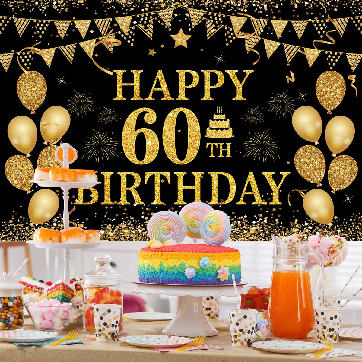 Happy 60th Birthday Banner Party decorations Cheers to 60 Years Birthday Party Black Gold Backdrop for 60th (71 x 45 inch)