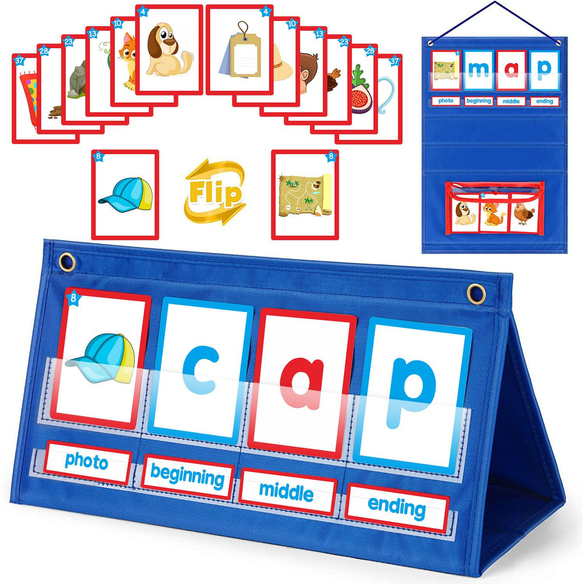 Desktop Pocket Chart CVC Word Spelling Games Literacy Learning Cards, Fine Motor Montessori Educational Toy for Kids