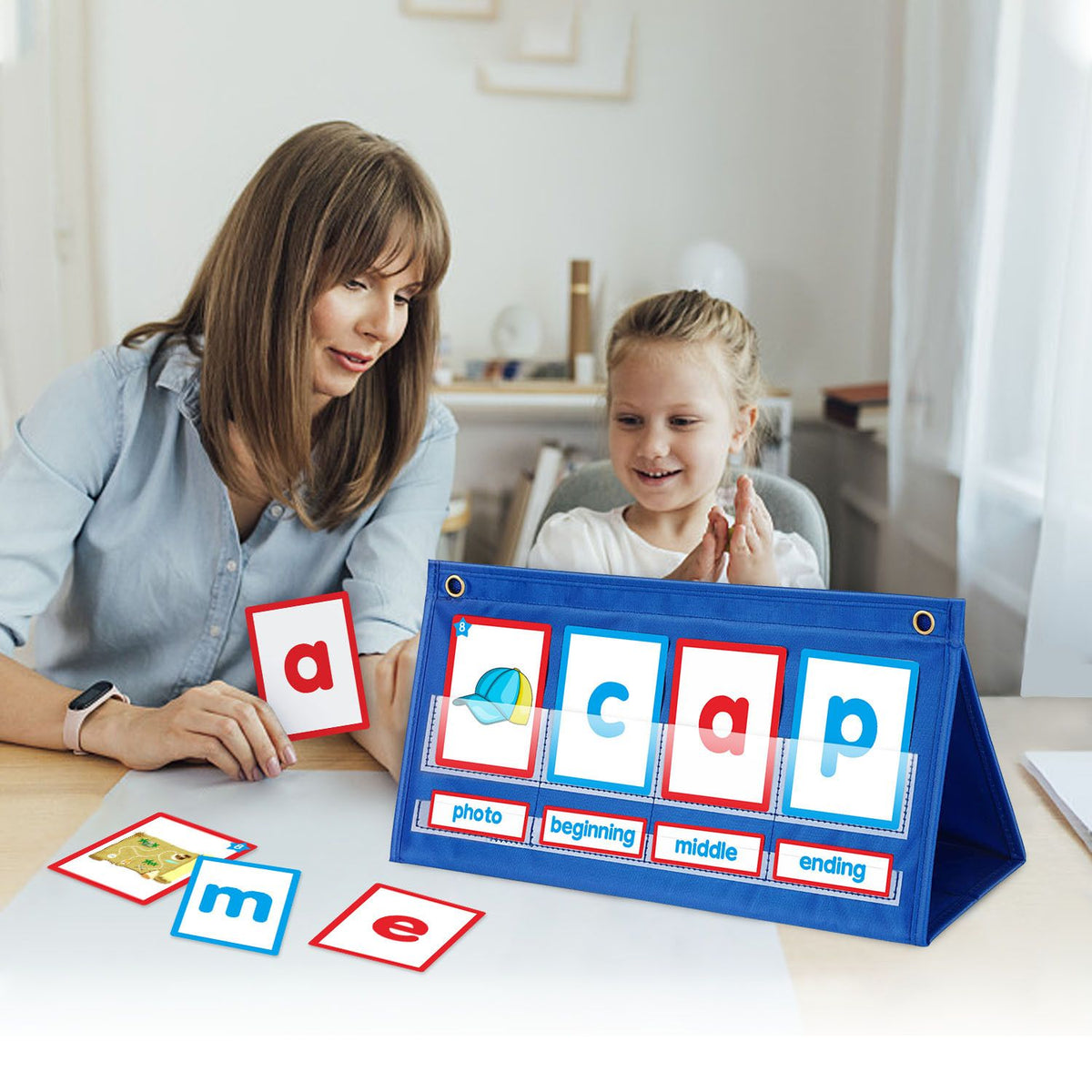 Desktop Pocket Chart CVC Word Spelling Games Literacy Learning Cards, Fine Motor Montessori Educational Toy for Kids