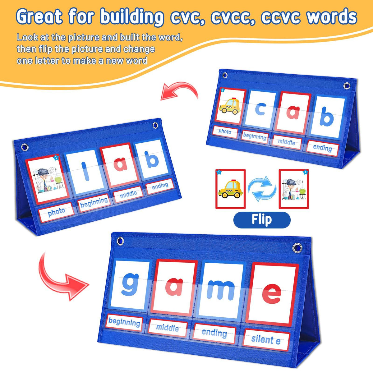 Desktop Pocket Chart CVC Word Spelling Games Literacy Learning Cards, Fine Motor Montessori Educational Toy for Kids