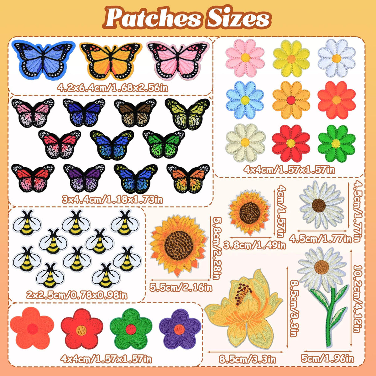 41Pcs Embroidered Flowers Butterfly Bee Iron on Patches Sunflowers Sew on Patch Cute Bumble Daisy Embroidered Applique Decoration