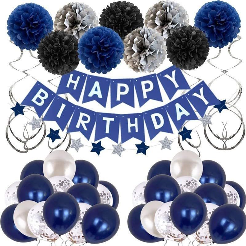 Navy blue-white Black Happy Birthday banner and lovely paper circular confetti wreath swirls balls for birthday party decorations