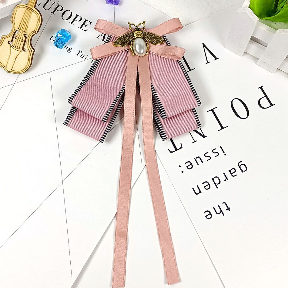 Retro Pearl Bee Bow Brooch Pre Tied Neck Tie Brooch Pin Clip Ribbon Bow Tie for Women Collar Jewelry 2pcs