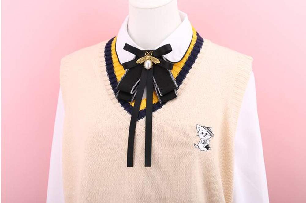 Retro Pearl Bee Bow Brooch Pre Tied Neck Tie Brooch Pin Clip Ribbon Bow Tie for Women Collar Jewelry 2pcs