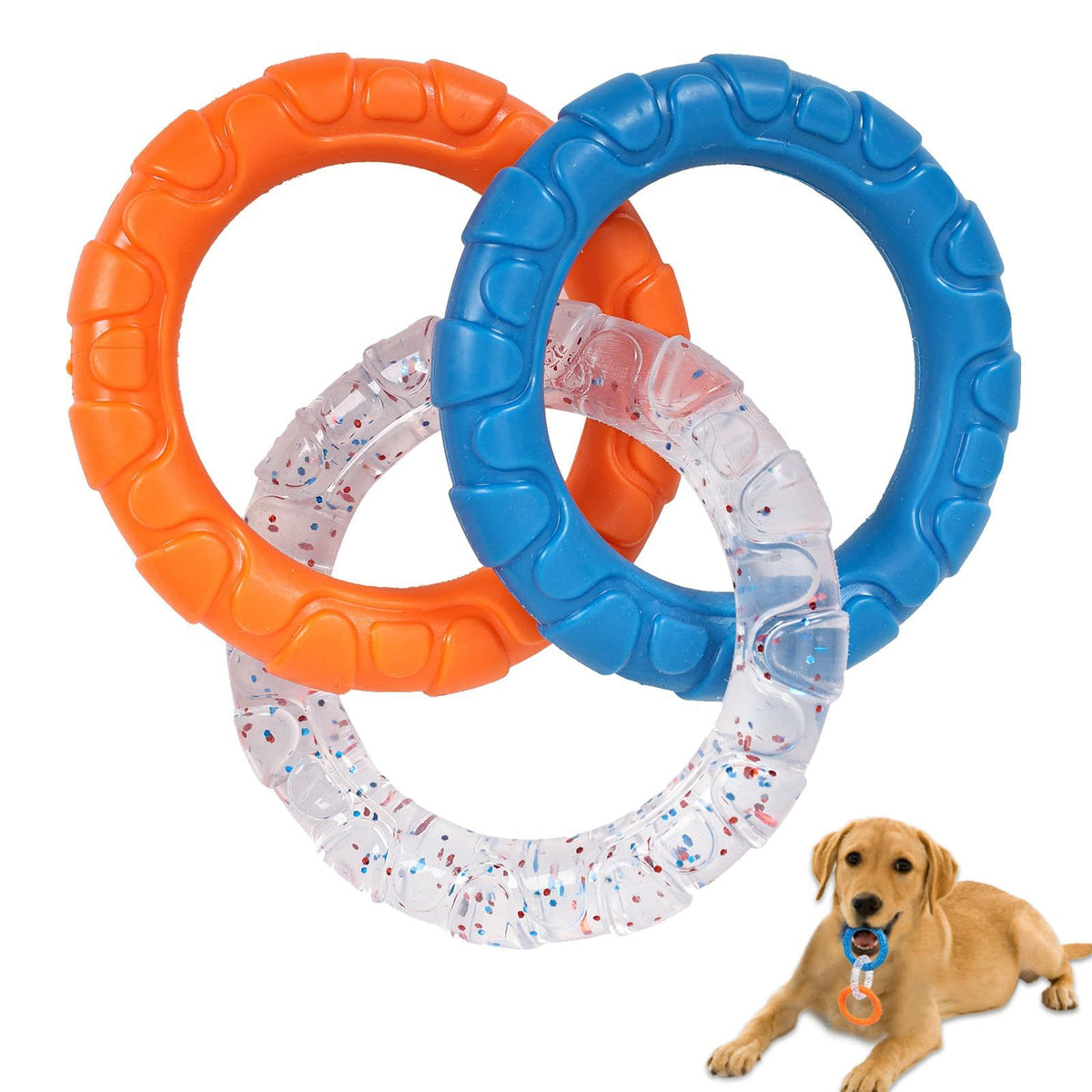 3-Ring Tug Dog Toy, Durable & Water Resistant Dog Chew Toy for Pets Training , Interactive Fetch Toy for Puppy (Orange & Blue)