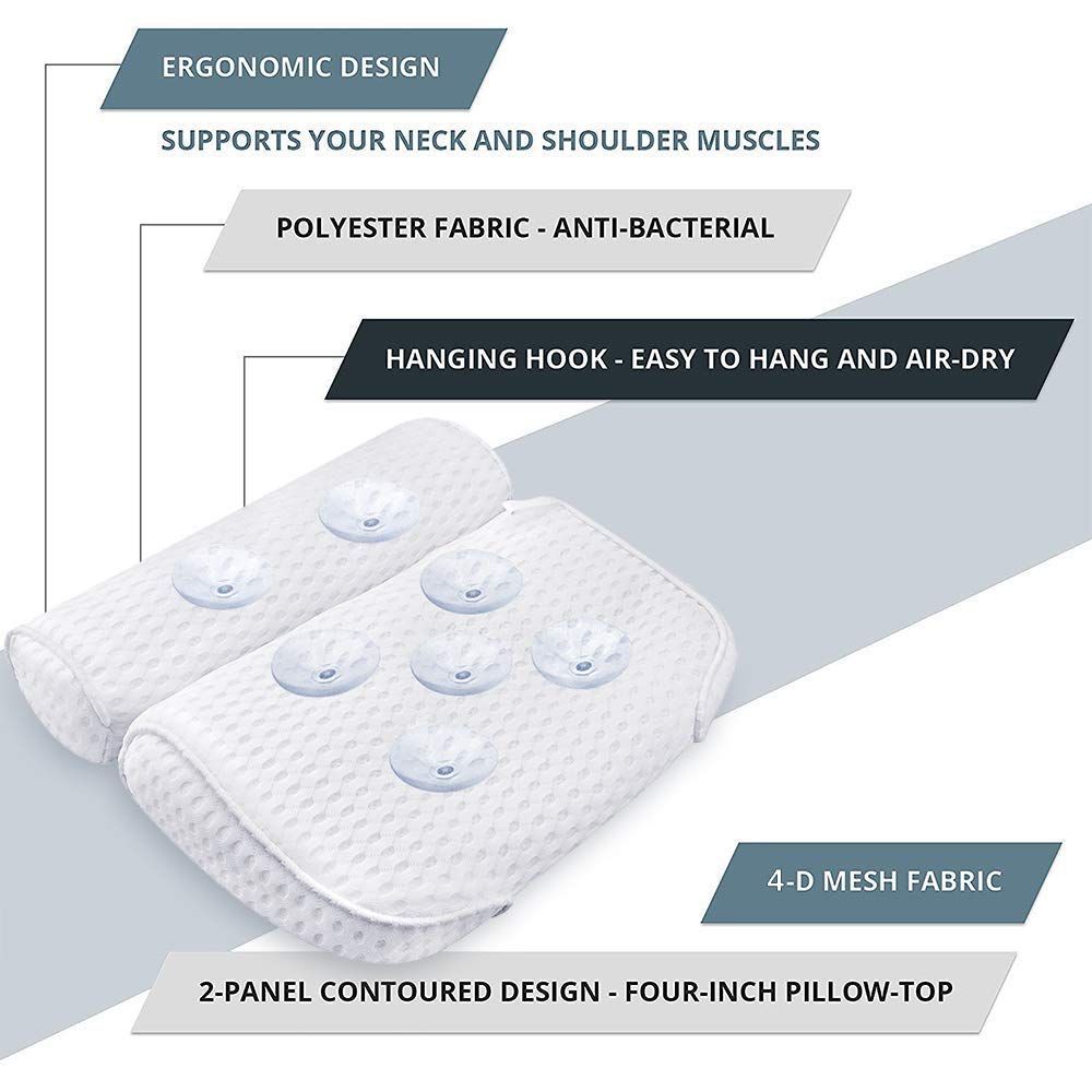 Bathtub Spa Pillow with 4D Air Mesh Technology and 7 Suction Cups, Helps Support Head, Back, Shoulder and Neck, Fits All Bathtub