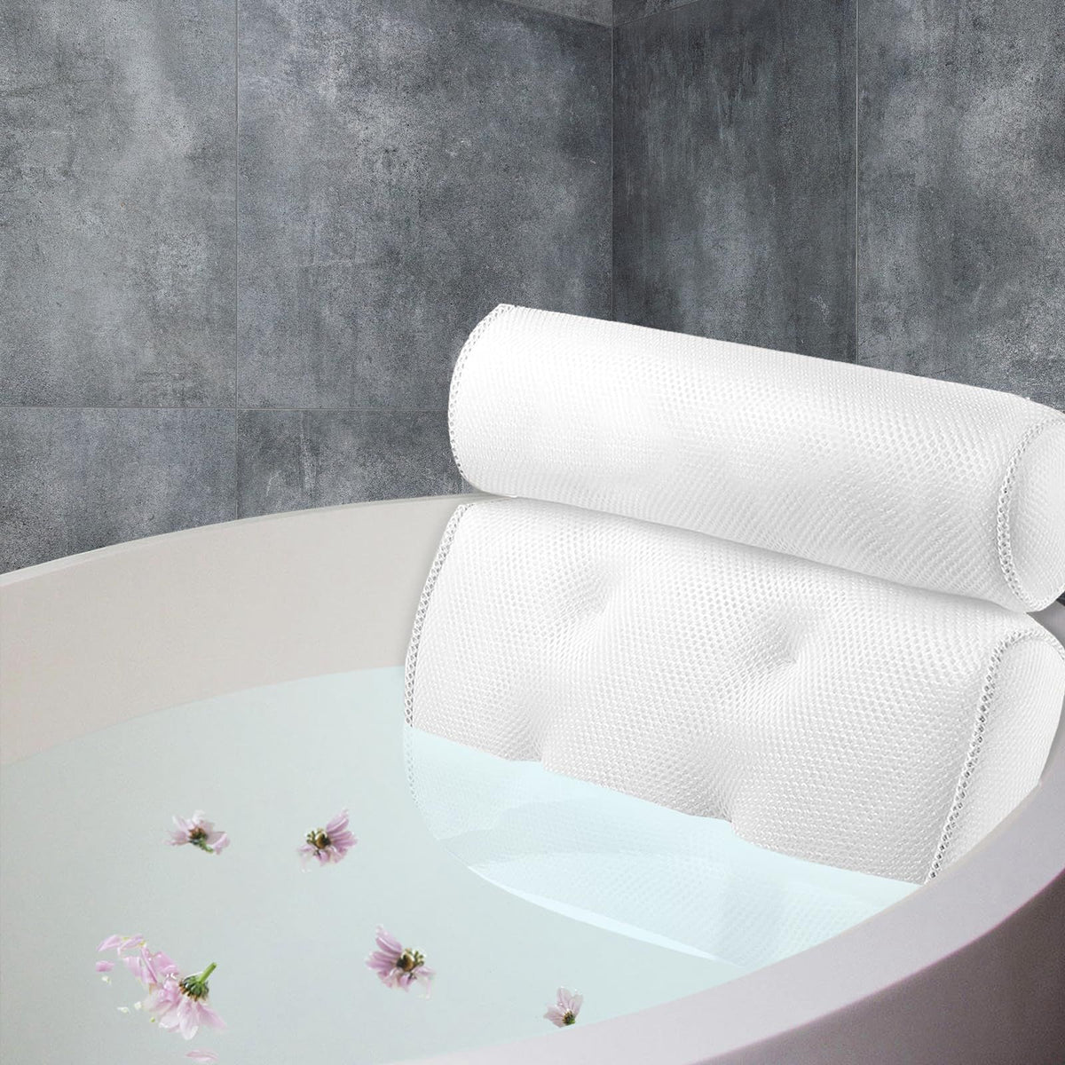 Bathtub Spa Pillow with 4D Air Mesh Technology and 7 Suction Cups, Helps Support Head, Back, Shoulder and Neck, Fits All Bathtub