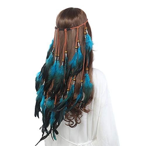 Boho Headdress Feather Headband Accessories Feather Elastic Gypsy Festival Headband Indian Fancy (Blue)