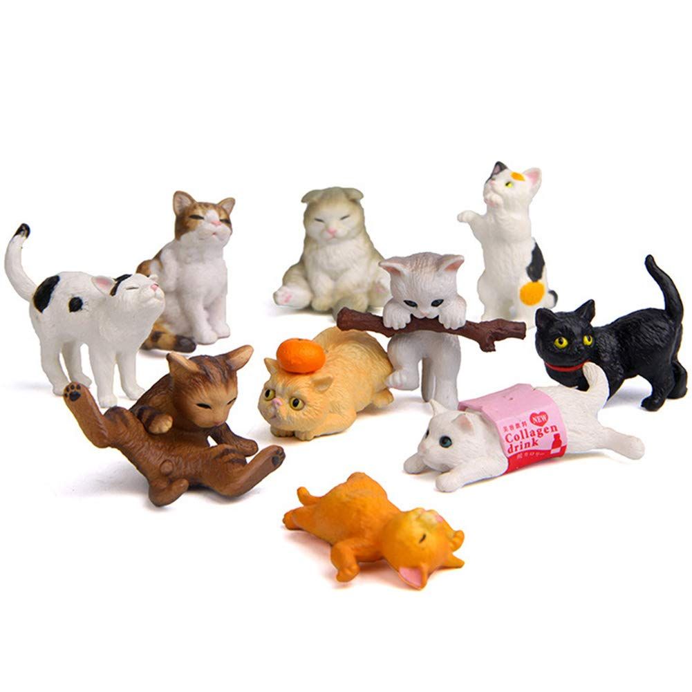 10 Pcs Miniature Cat Figurines Character Toy Cake Toppers, Mini Cat Animal Figures Collection Playset Desk Decoration