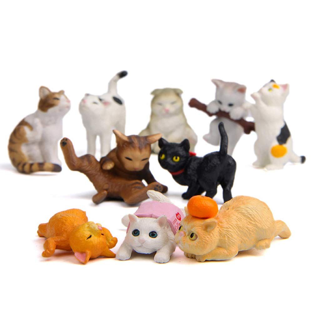 10 Pcs Miniature Cat Figurines Character Toy Cake Toppers, Mini Cat Animal Figures Collection Playset Desk Decoration