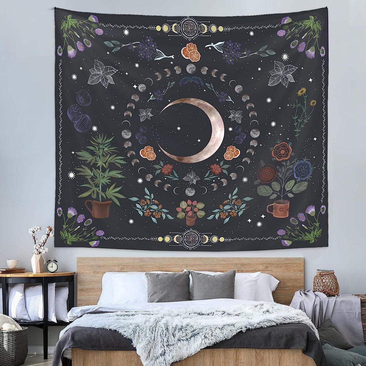 Plant Tapestry, Nature Moon Phase Tapestry Wall Hanging, Bohemian Mandala Tapestry Aesthetic Bedroom Decor