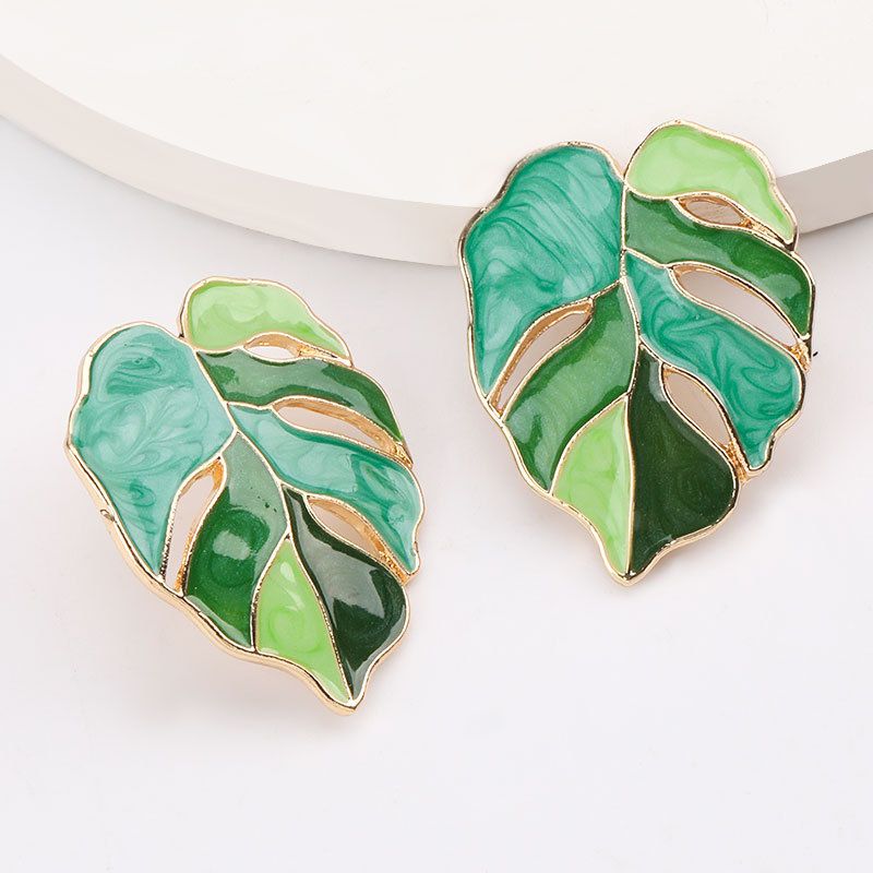 Bohemian Green Leaf Earrings for Women, Enamel Jewelry for Women, Leaves Plant Pendant Drop Dangle Earrings