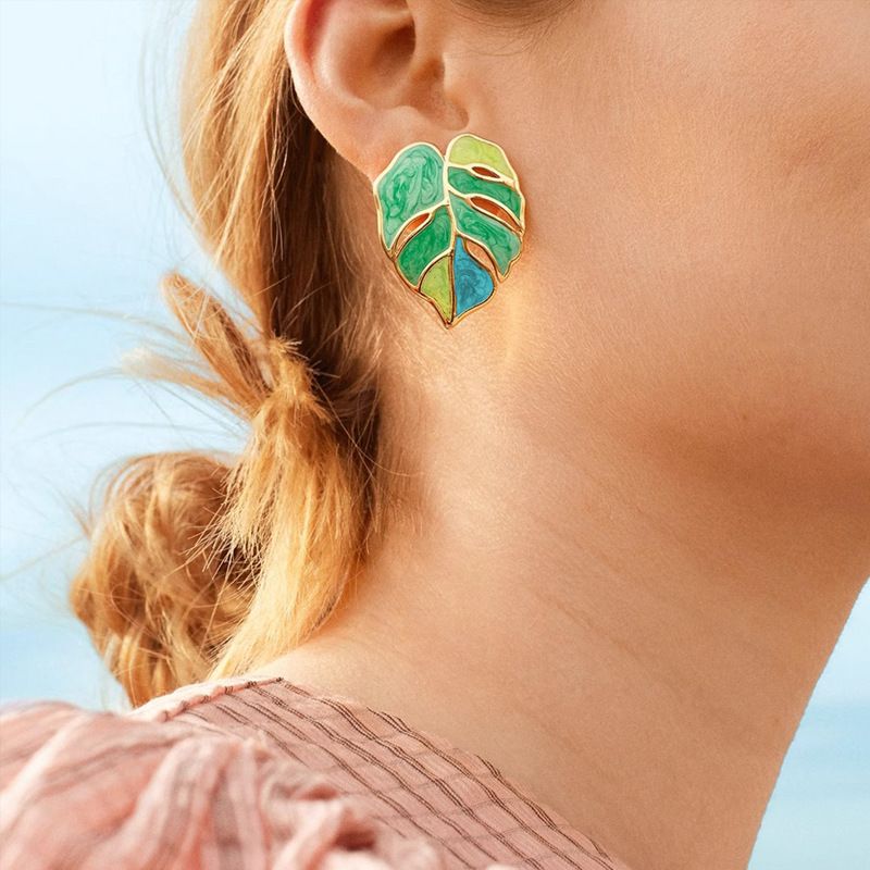 Bohemian Green Leaf Earrings for Women, Enamel Jewelry for Women, Leaves Plant Pendant Drop Dangle Earrings
