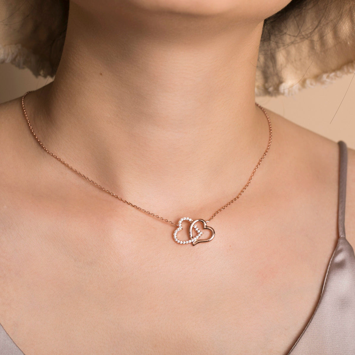 Heart Necklace Sterling Silver Cubic Zirconia Double Heart Pendant Necklace Gold Heart Necklaces for Women