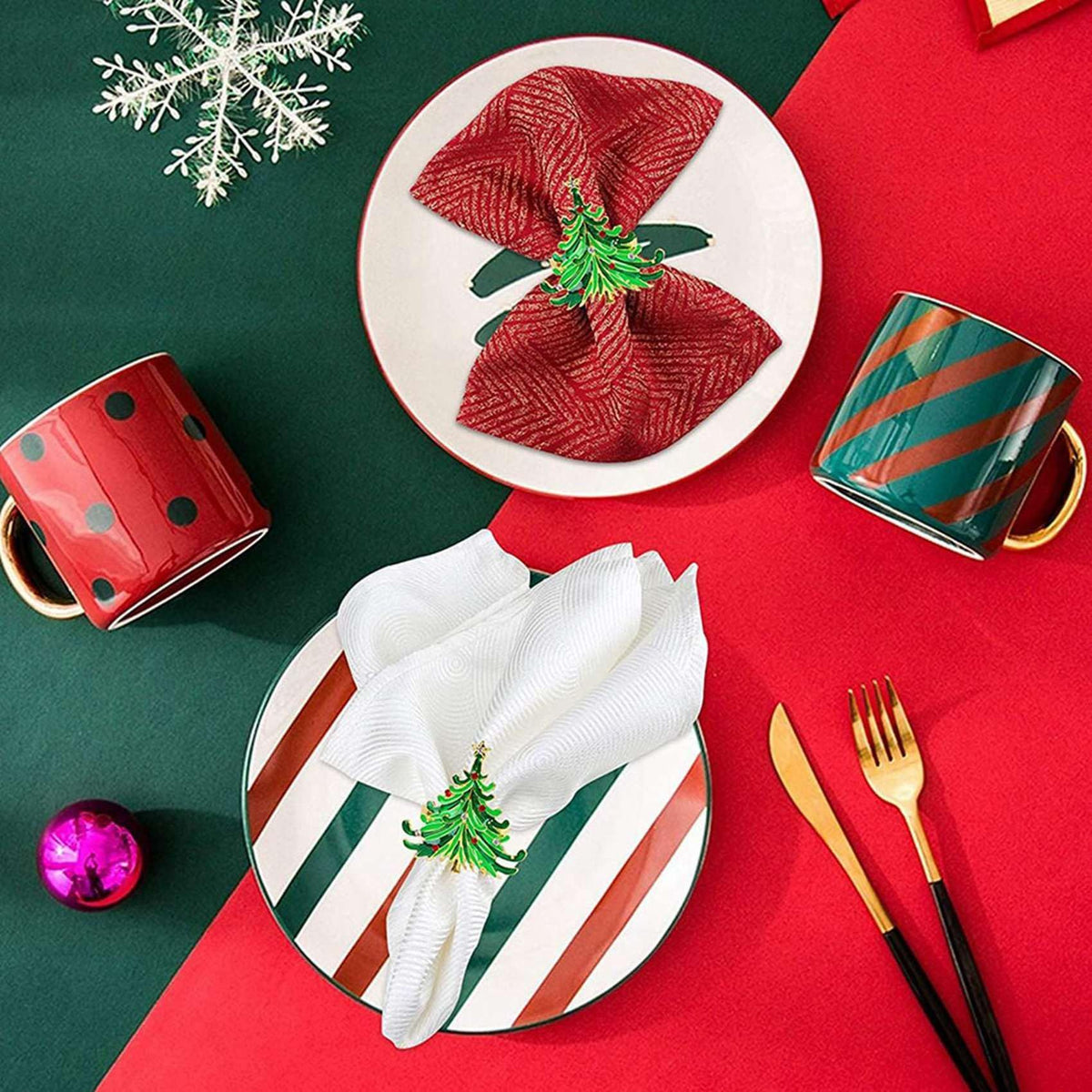 12Pcs Green Chirstmas Tree Napkin Rings,Golden Rings Designed with Red and for Christmas Dinning Table