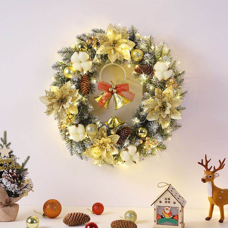 Golden Bell Front Door Artificial Christmas Wreath Pinecone Cotton Golden Flowers Indoor and Outdoor Farmhouse Home Decoration