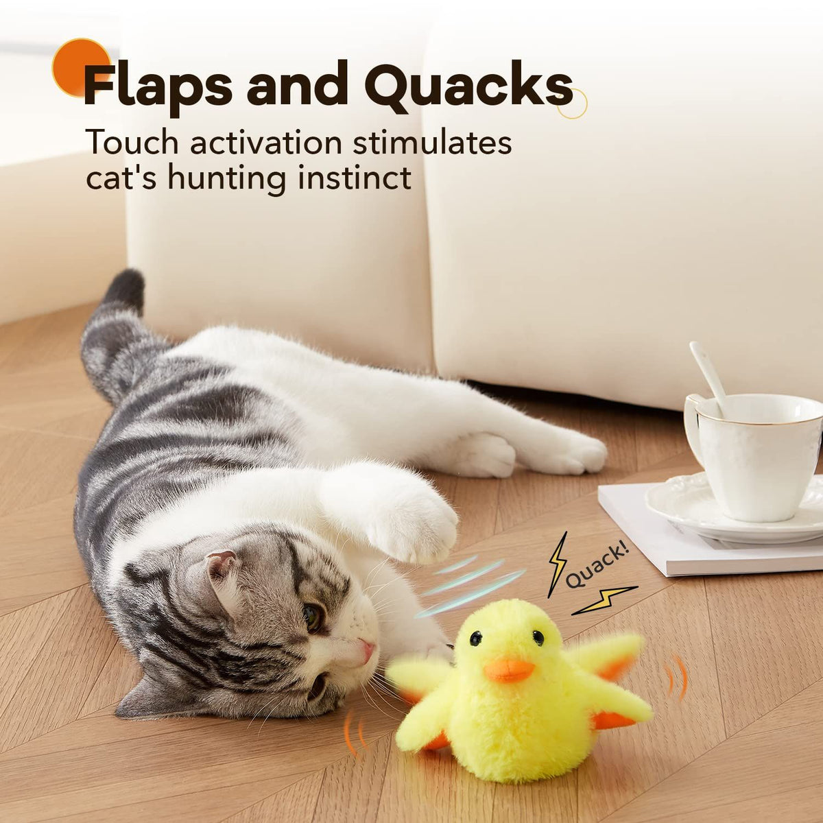 Toys Rechargeable Flapping Duck with SilverVine Catnip, Lifelike Quack Chirping, Touch Activated Kitten Kicker Plush Interactive