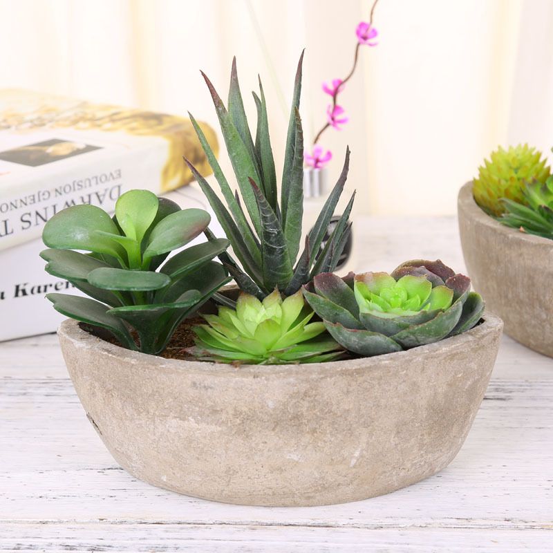 4 pcs Modern Artificial Succulent Arrangement Potted in Gray Concrete Plant Bowl, Assorted Faux Mini Succulen